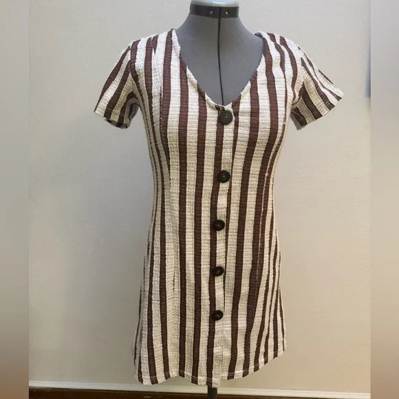 Zara Trafaluc Rustic Buttoned Tan and Brown Striped Mini Dress - Picture 3 of 5